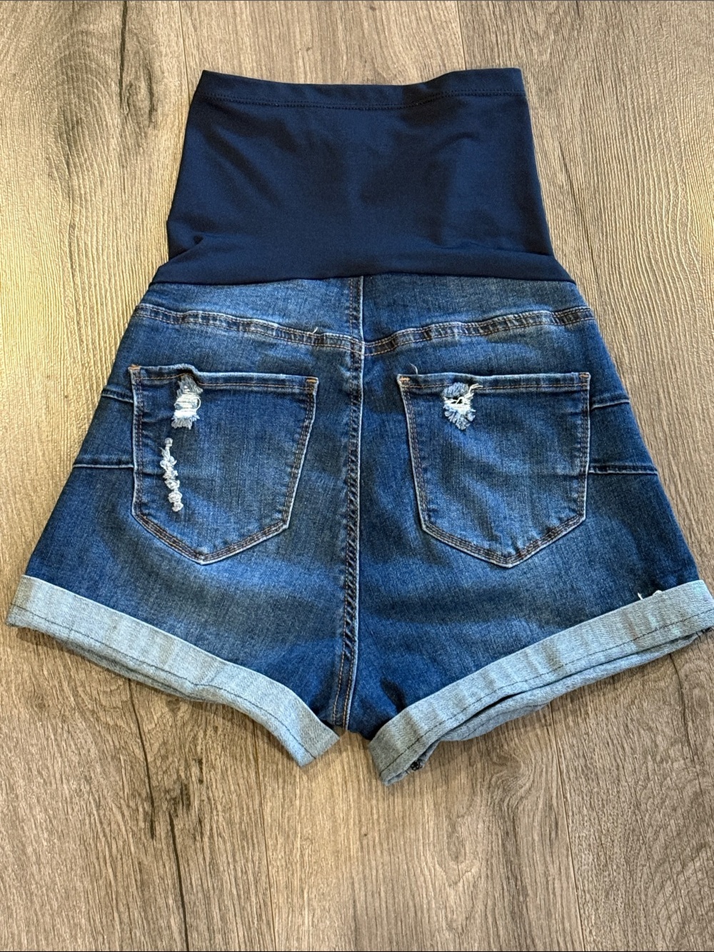 Maternity Dark Blue Denim Shorts with Navy Stretch Waist Cute bootie shorts